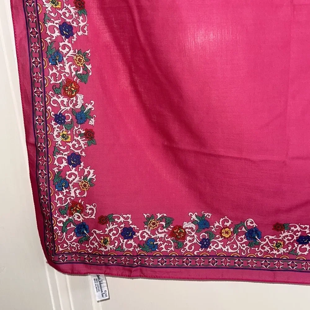 Vintage 1987 Ginnie Johansen bright pink cotton square scarf/ paisley border‎
